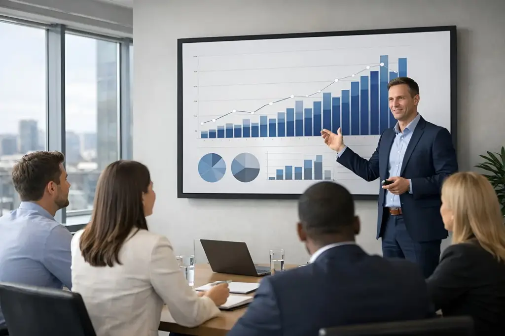Business professional analyzing charts and graphs on a tablet